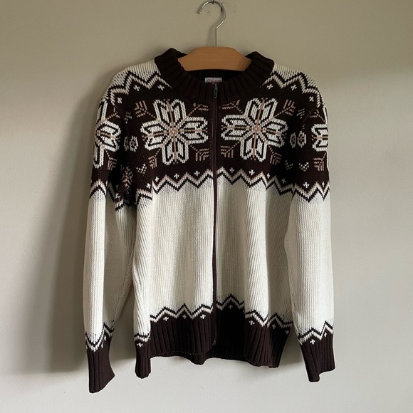 Vintage St Michael Zip Up Knit Cardigan Sweater UK Snowflake Brown Cream Mens - Picture 10 of 10